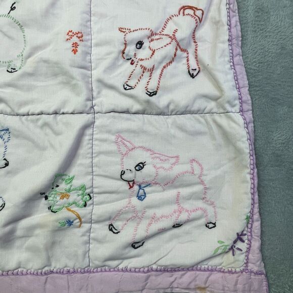 Vintage Baby Quilt Hand Embroidered Animals Pastel Crib Blanket Handmade 36x30 - Picture 4 of 16